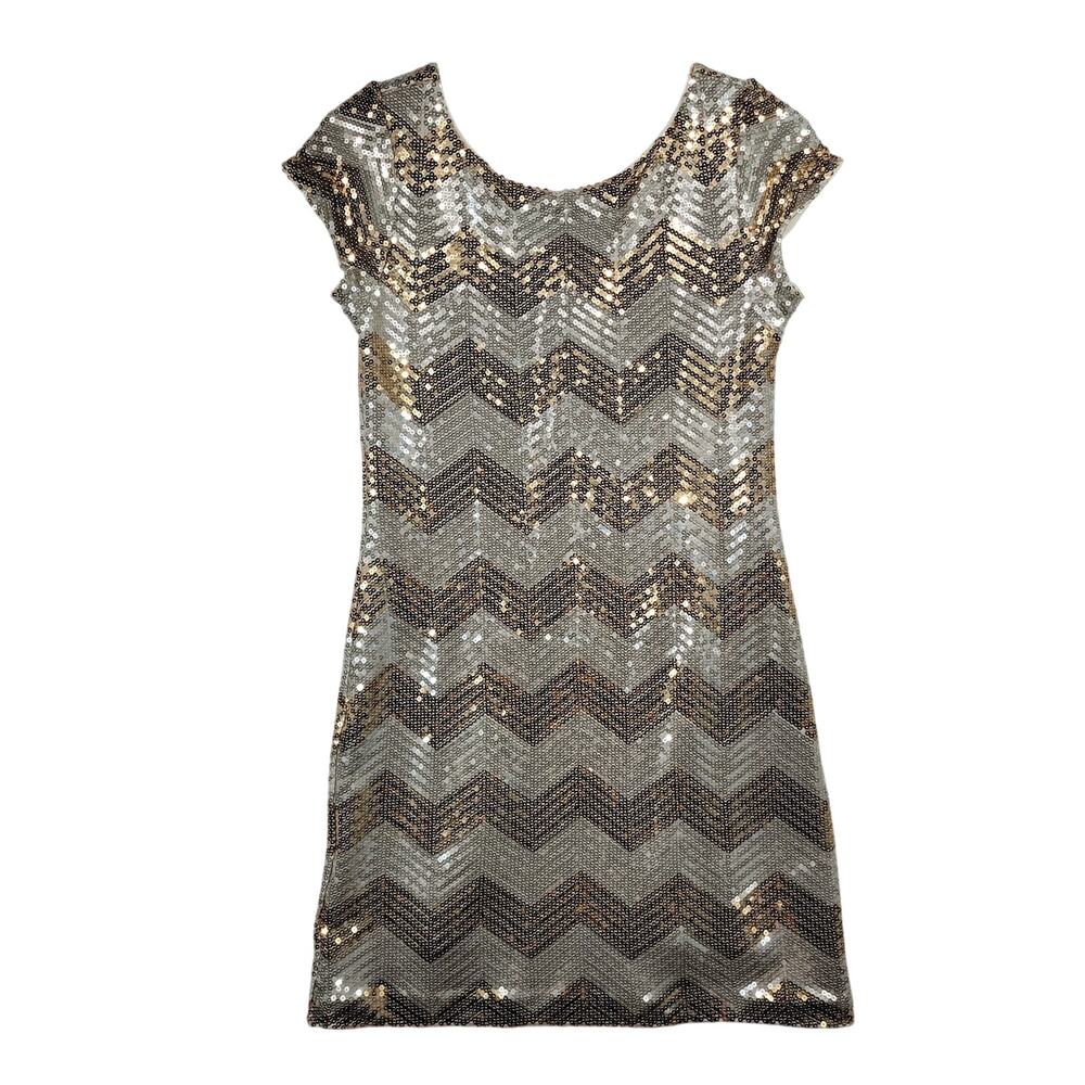 White House Black Market White and Gold Sequin Chevron Sheath Dress Size S